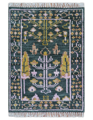 Quick Ship Hand Knotted 2x3 Tree of life Green And Mustard Wool Rug