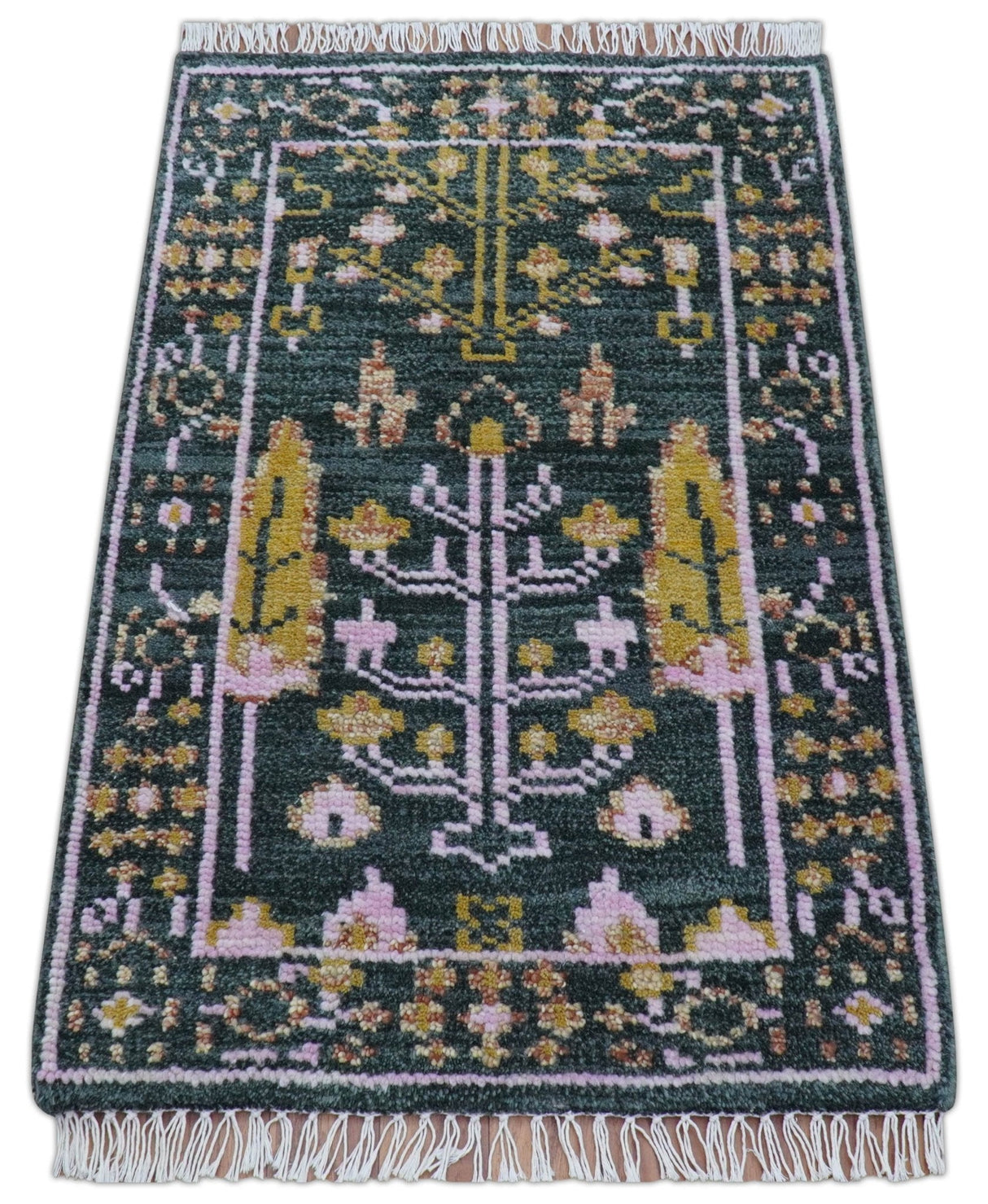 Quick Ship Hand Knotted 2x3 Tree of life Green And Mustard Wool Rug