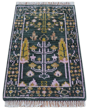 Quick Ship Hand Knotted 2x3 Tree of life Green And Mustard Wool Rug