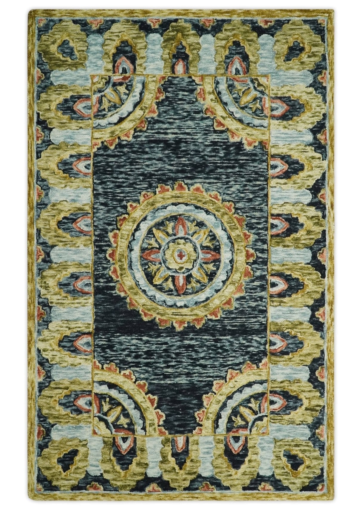 Quick Ship Hand Tufted 5x8 Gold And Black Traditional Design Wool Rug