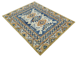Quick Ship Hand Tufted 8x10 Blue And Beige Southwestern Wool Rug