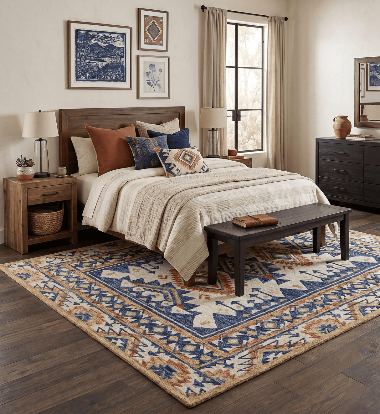 Quick Ship Hand Tufted 8x10 Blue And Beige Southwestern Wool Rug