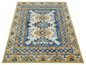 Quick Ship Hand Tufted 8x10 Blue And Beige Southwestern Wool Rug