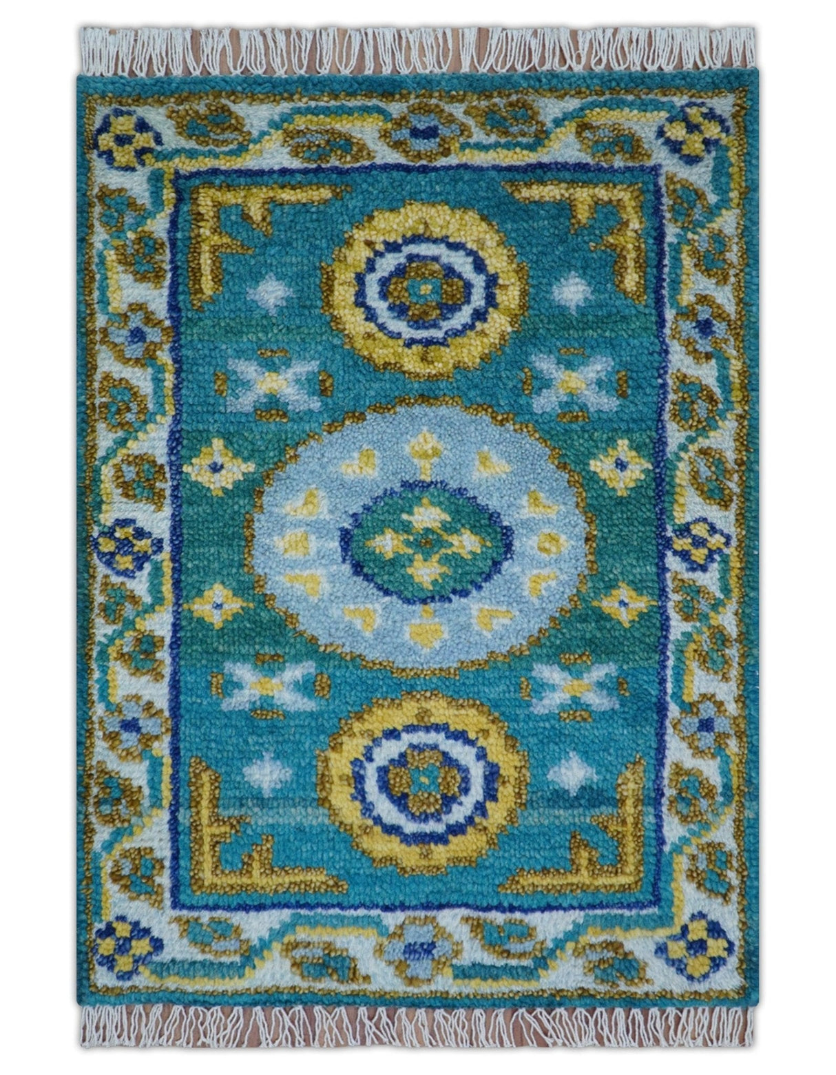 Quick Ship Khotan Design 2x3 Teal And Mustard Hand Knotted Wool Rug