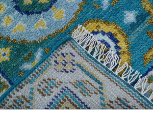 Quick Ship Khotan Design 2x3 Teal And Mustard Hand Knotted Wool Rug