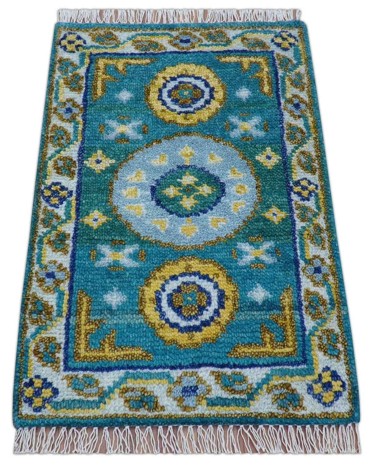 Quick Ship Khotan Design 2x3 Teal And Mustard Hand Knotted Wool Rug