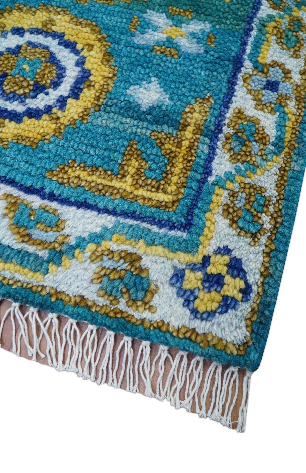 Quick Ship Khotan Design 2x3 Teal And Mustard Hand Knotted Wool Rug