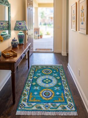 Quick Ship Khotan Design 2x3 Teal And Mustard Hand Knotted Wool Rug