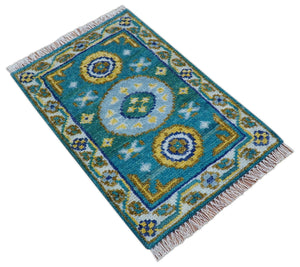 Quick Ship Khotan Design 2x3 Teal And Mustard Hand Knotted Wool Rug