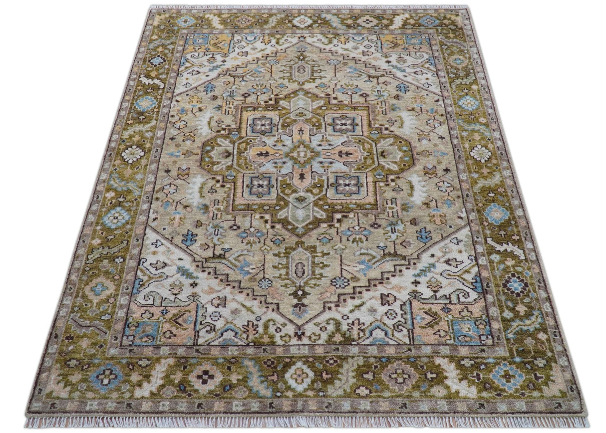 Quick Ship Olive And Peach Traditional Hand Knotted 8x10 Wool Rug