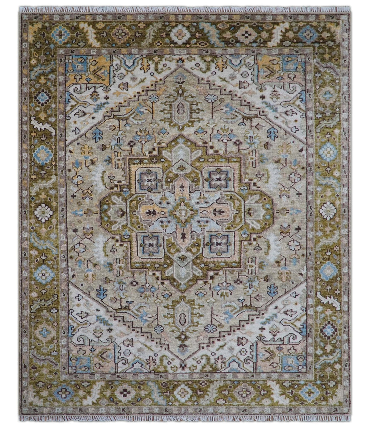 Quick Ship Olive And Peach Traditional Hand Knotted 8x10 Wool Rug