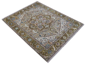 Quick Ship Olive And Peach Traditional Hand Knotted 8x10 Wool Rug