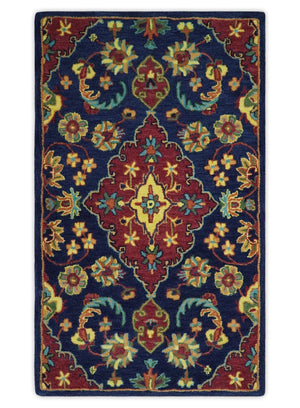 Quick Ship Red And Blue Traditional Design Hand Tufted 3x5 Wool Rug