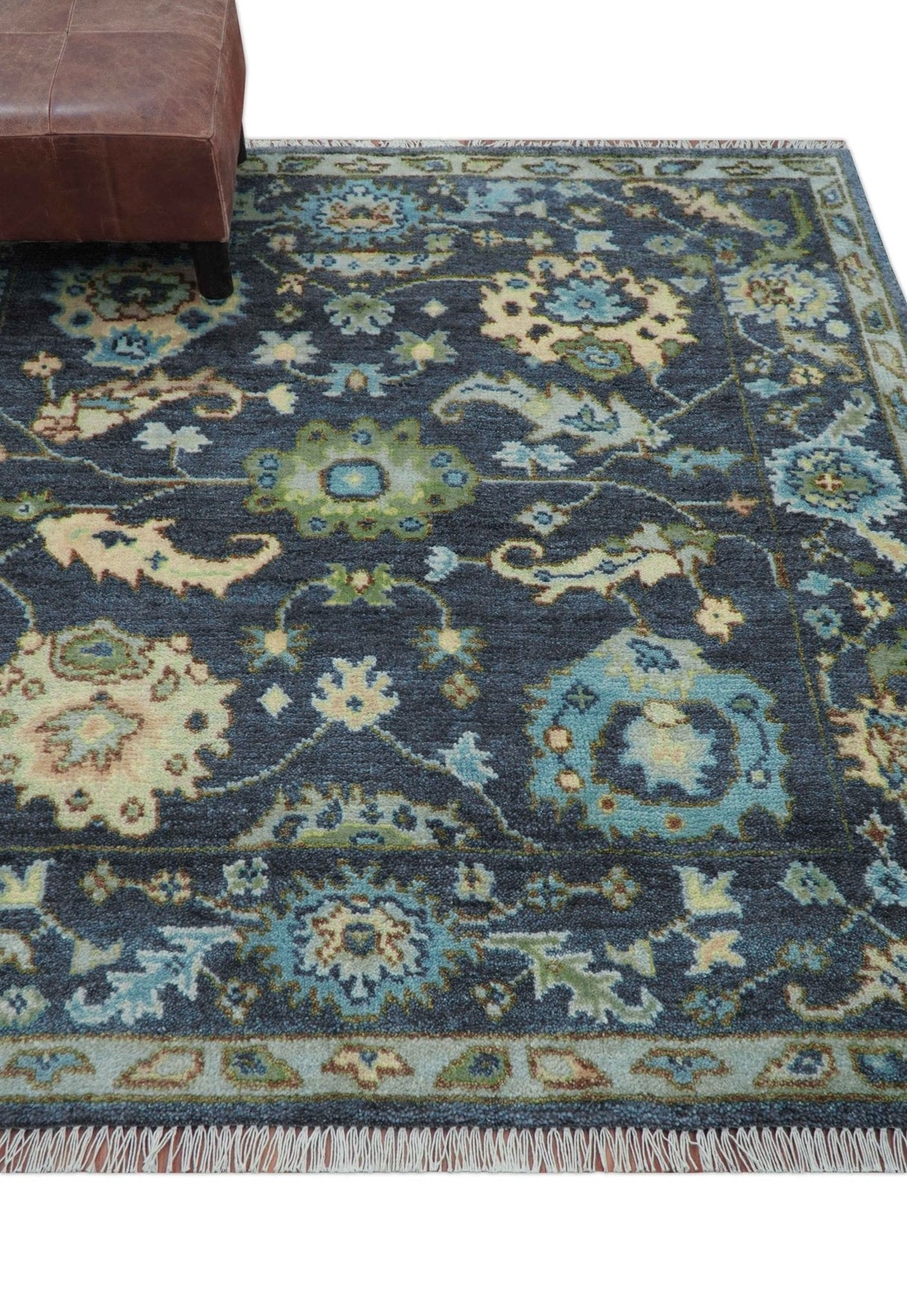 Quick Ship Small 5x5 Traditional Oushak Blue And Beige Hand Knotted Wool Rug