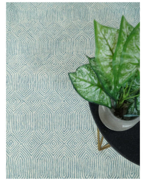 Quick Ship Teal And Ivory Modern Contemporary Hand Tufted 5x8 Wool Rug