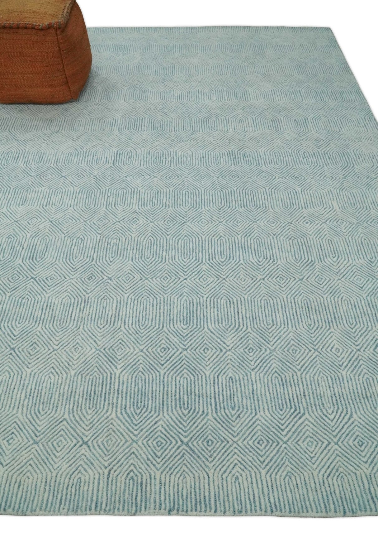 Quick Ship Teal And Ivory Modern Contemporary Hand Tufted 5x8 Wool Rug