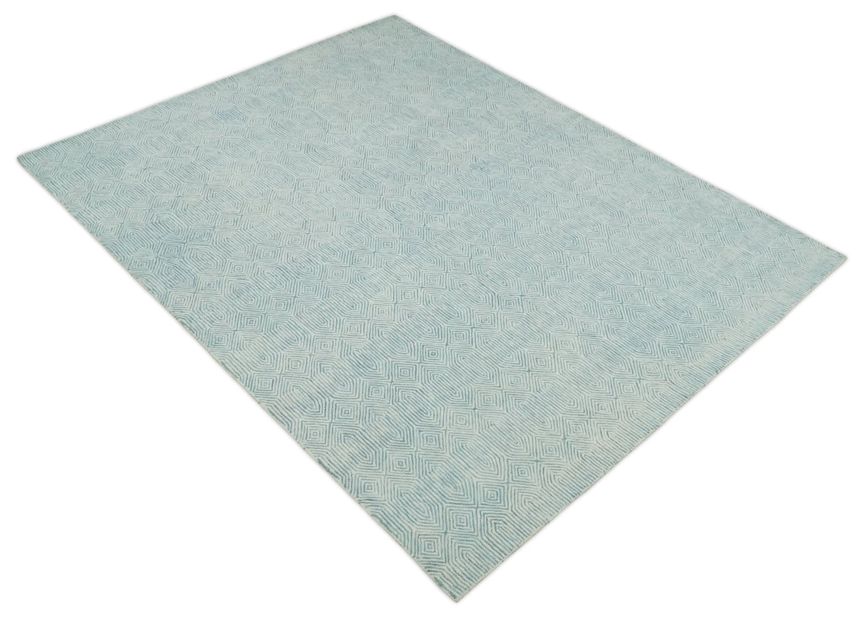 Quick Ship Teal And Ivory Modern Contemporary Hand Tufted 5x8 Wool Rug