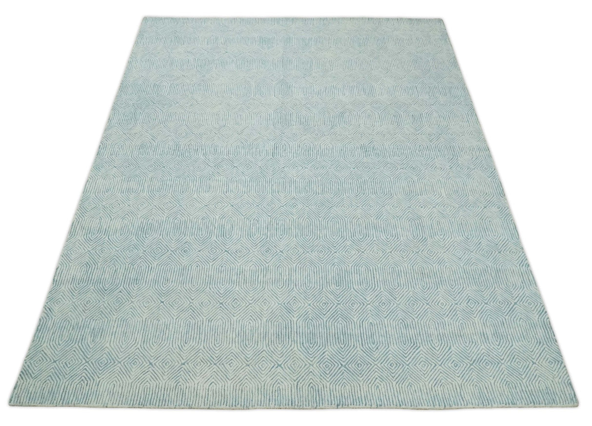Quick Ship Teal And Ivory Modern Contemporary Hand Tufted 5x8 Wool Rug