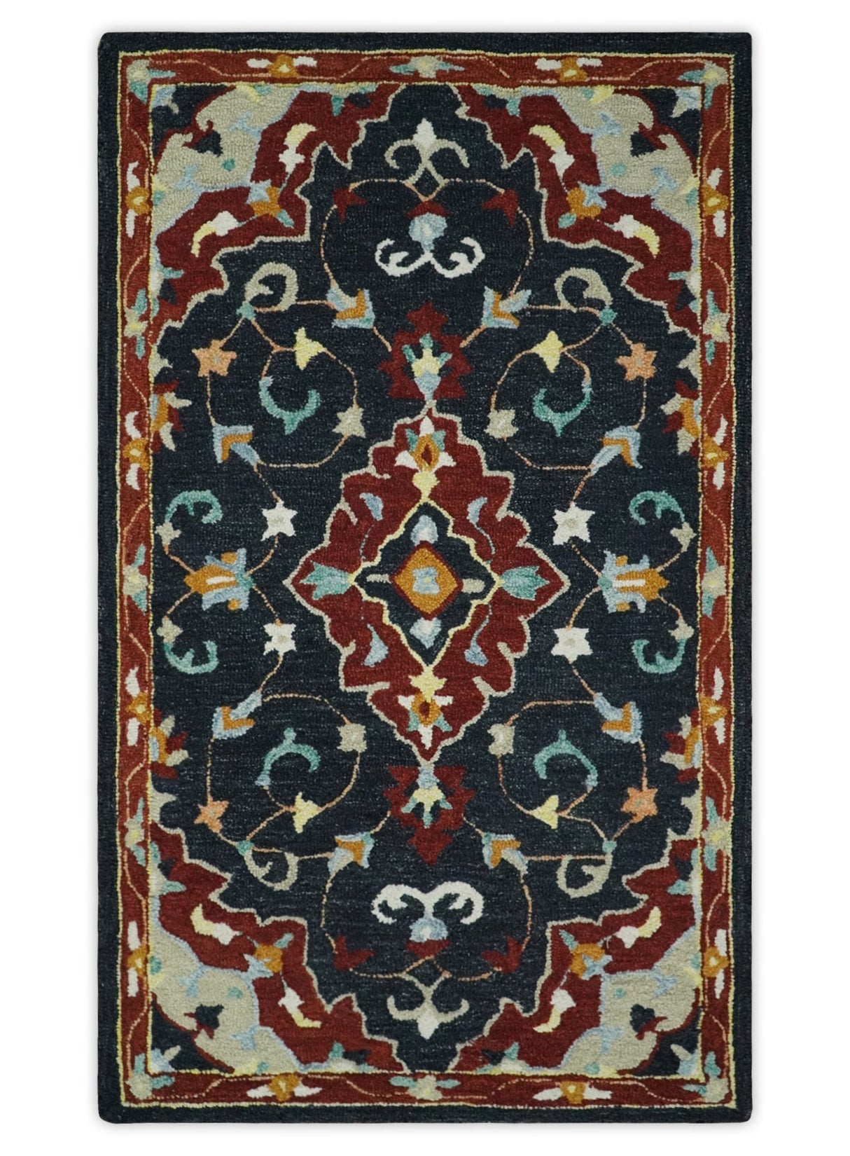 Quick Ship Traditional Charcoal And Maroon Hand Tufted 3x5 Wool Rug