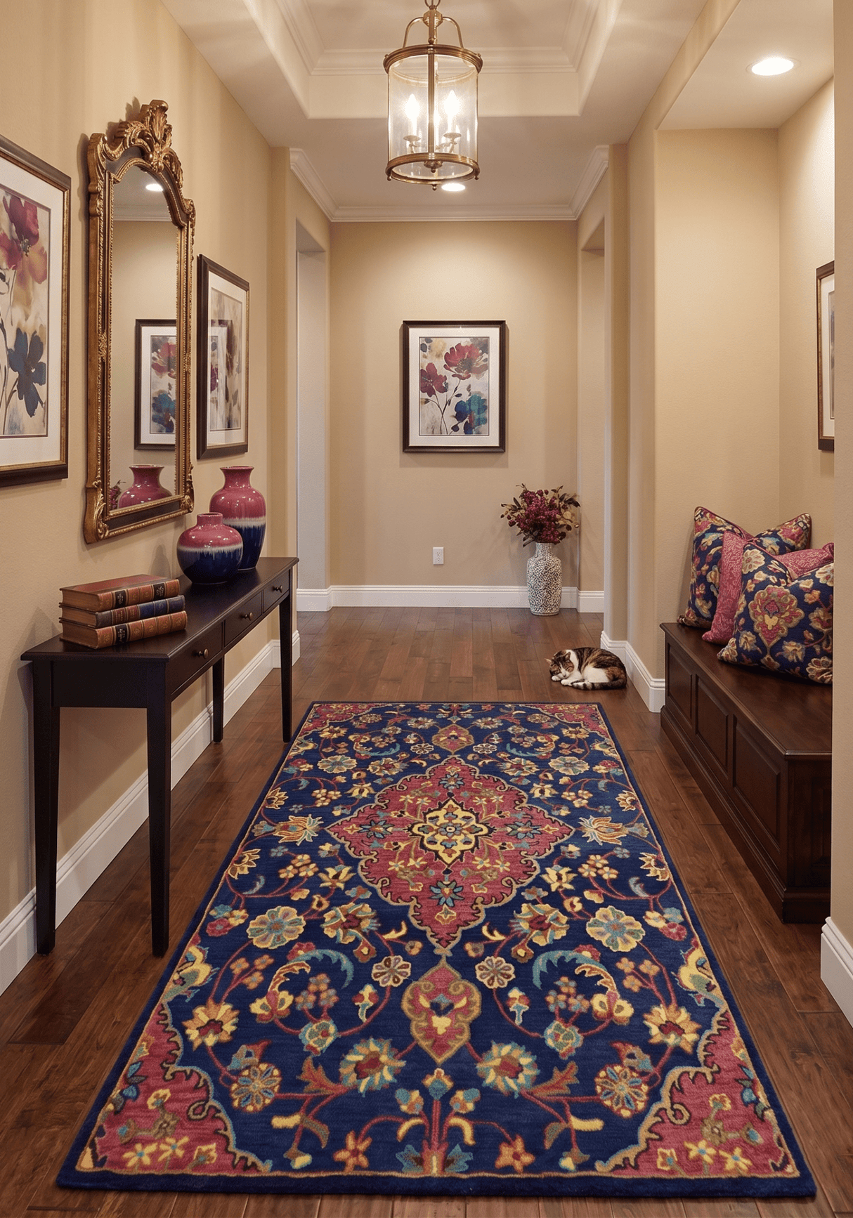 Quick Ship Traditional Design Red And Blue Hand Tufted 5x8 Wool Rug