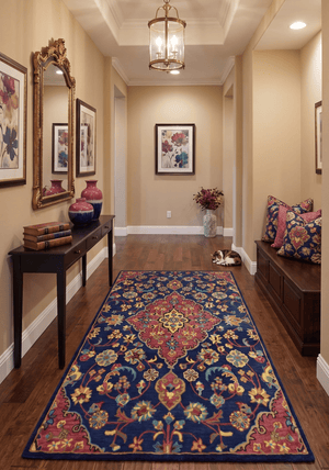 Quick Ship Traditional Design Red And Blue Hand Tufted 5x8 Wool Rug