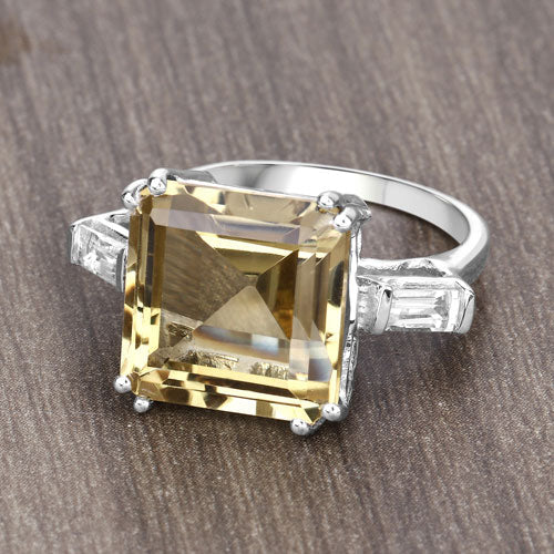 11.45 Carat Genuine Lemon Quartz and White Topaz .925 Sterling Silver Ring