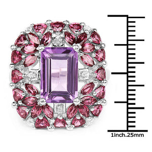 7.59 Carat Genuine Pink Amethyst, Rhodolite and White Topaz .925 Sterling Silver Ring