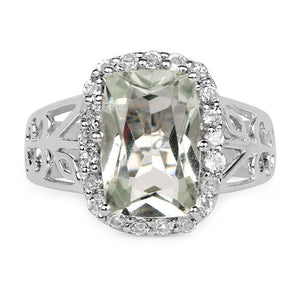 3.94 Carat Genuine Green Amethyst and White Topaz .925 Sterling Silver Ring