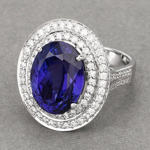 13.78 Carat Genuine Tanzanite and White Diamond 18K White Gold Ring