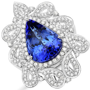 11.68 Carat Genuine Tanzanite and White Diamond 18K White Gold Ring