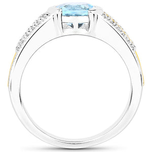 1.37 Carat Genuine Aquamarine and White Diamond 14K Yellow Gold with .925 Sterling Silver Ring