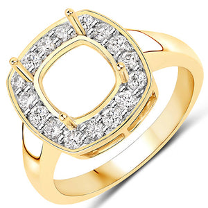 0.48 Carat Genuine White Diamond 14K Yellow Gold Semi Mount Ring - holds 8x8mm Cushion Gemstone