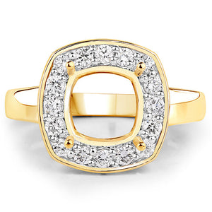 0.48 Carat Genuine White Diamond 14K Yellow Gold Semi Mount Ring - holds 8x8mm Cushion Gemstone