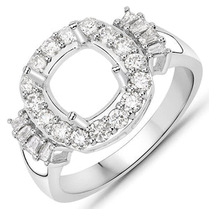 0.73 Carat Genuine White Diamond 14K White Gold Semi Mount Ring - holds 8x8mm Cushion Gemstone