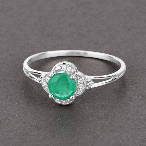 0.46 Carat Genuine Zambian Emerald and White Diamond 14K White Gold Ring