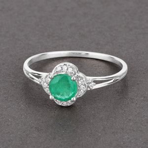 0.46 Carat Genuine Zambian Emerald and White Diamond 14K White Gold Ring