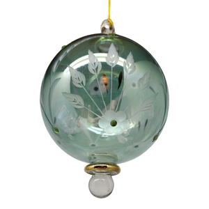 Etched Blown Glass Ball with Crystal Accents - Green