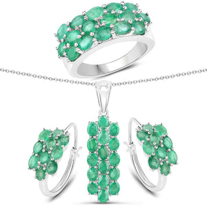 7.80 Carat Genuine Zambian Emerald .925 Sterling Silver 3 Piece Jewelry Set (Ring, Earrings, and Pendant w/ Chain)