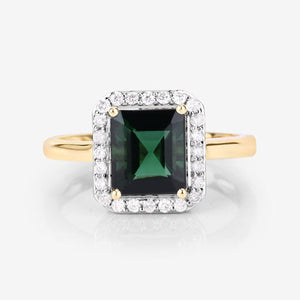 3.02 Carat Genuine Green Tourmaline and White Diamond 14K Yellow Gold Ring