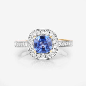 1.31 Carat Genuine Blue Sapphire and White Diamond 18K Yellow Gold Ring