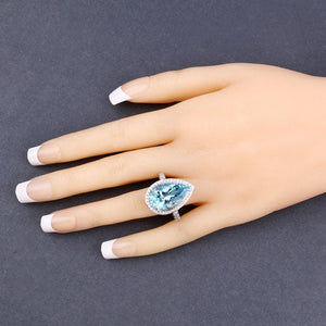 13.42 Carat Genuine Aquamarine and White Diamond 14K White Gold Ring