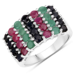 "3.40 Carat Genuine Emerald, Ruby and Black Sapphire .925 Sterling Silver Ring