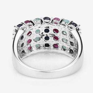 "3.40 Carat Genuine Emerald, Ruby and Black Sapphire .925 Sterling Silver Ring