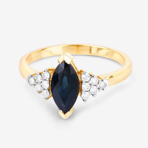 1.47 Carat Genuine Blue Sapphire and White Diamond 14K Yellow Gold Ring