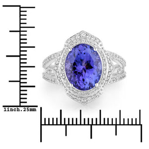 6.56 Carat Genuine Tanzanite and White Diamond 14K White Gold Ring