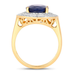 4.82 Carat Genuine Blue Sapphire and White Diamond 14K Yellow Gold Ring