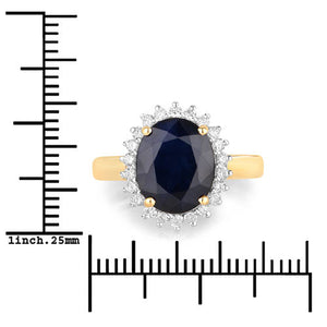 4.63 Carat Genuine Blue Sapphire and White Diamond 14K Yellow Gold Ring