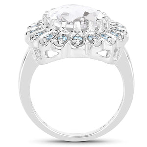 5.90 Carat Genuine Crystal Quartz and Swiss Blue Topaz .925 Sterling Silver Ring