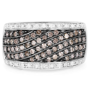 0.87 Carat Genuine Champagne Diamond and White Diamond .925 Sterling Silver Ring