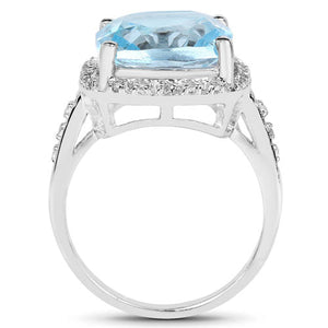 7.18 Carat Genuine Blue Topaz and White Topaz .925 Sterling Silver Ring
